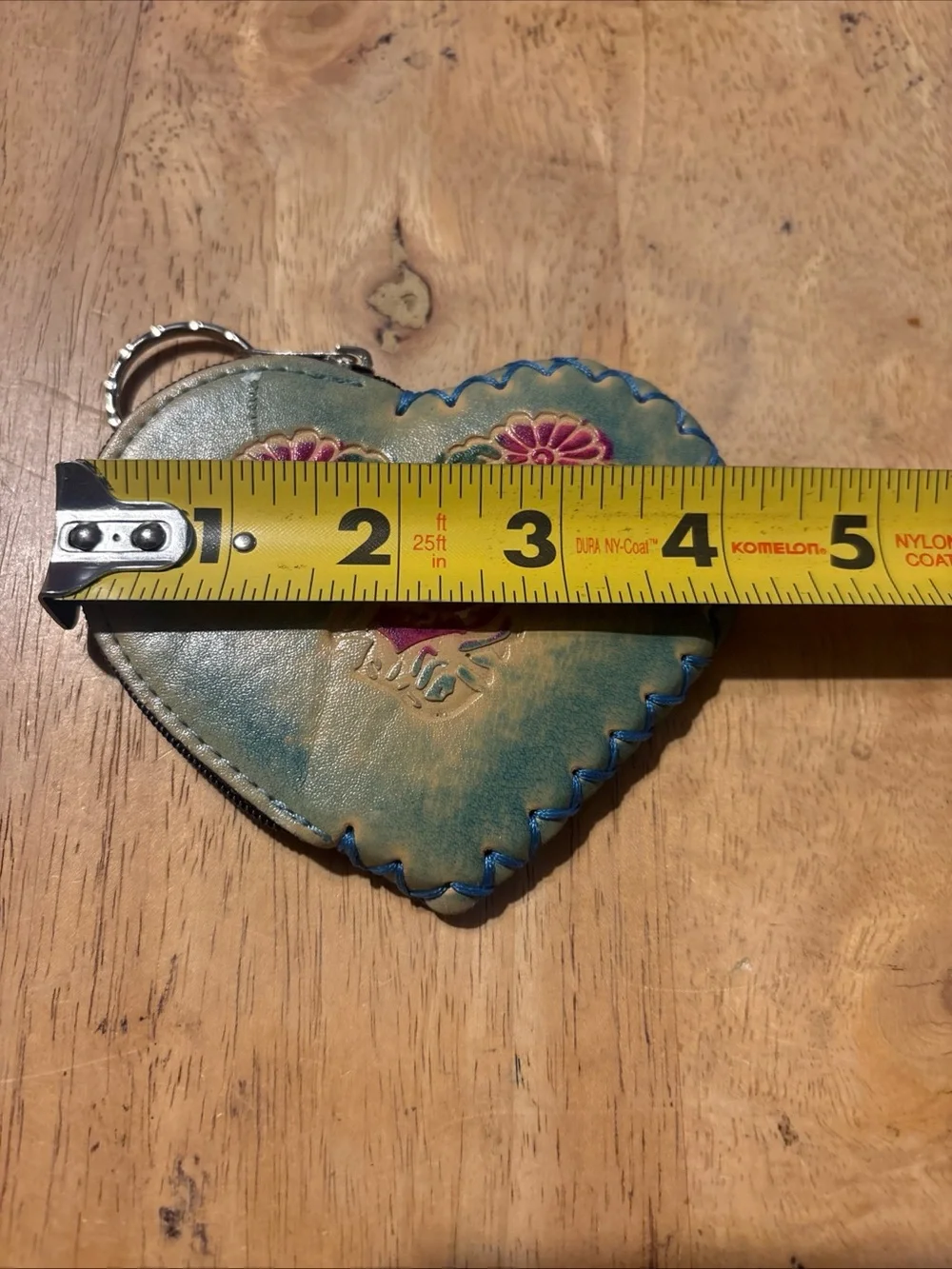 Handcrafted Heart Key & Coin Holder in Teal with Pink Floral Accents